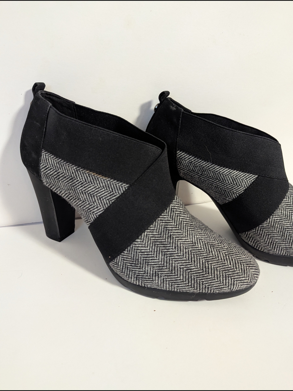 Anne Klein Black and Gray Herringbone Heeled Ankle Boots